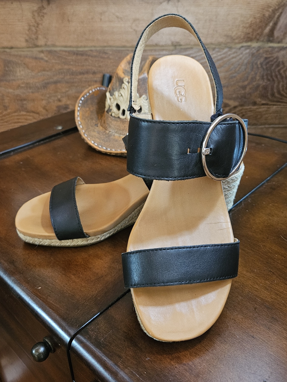 UGG Women's Black Leather Espadrille Wedge Sandals